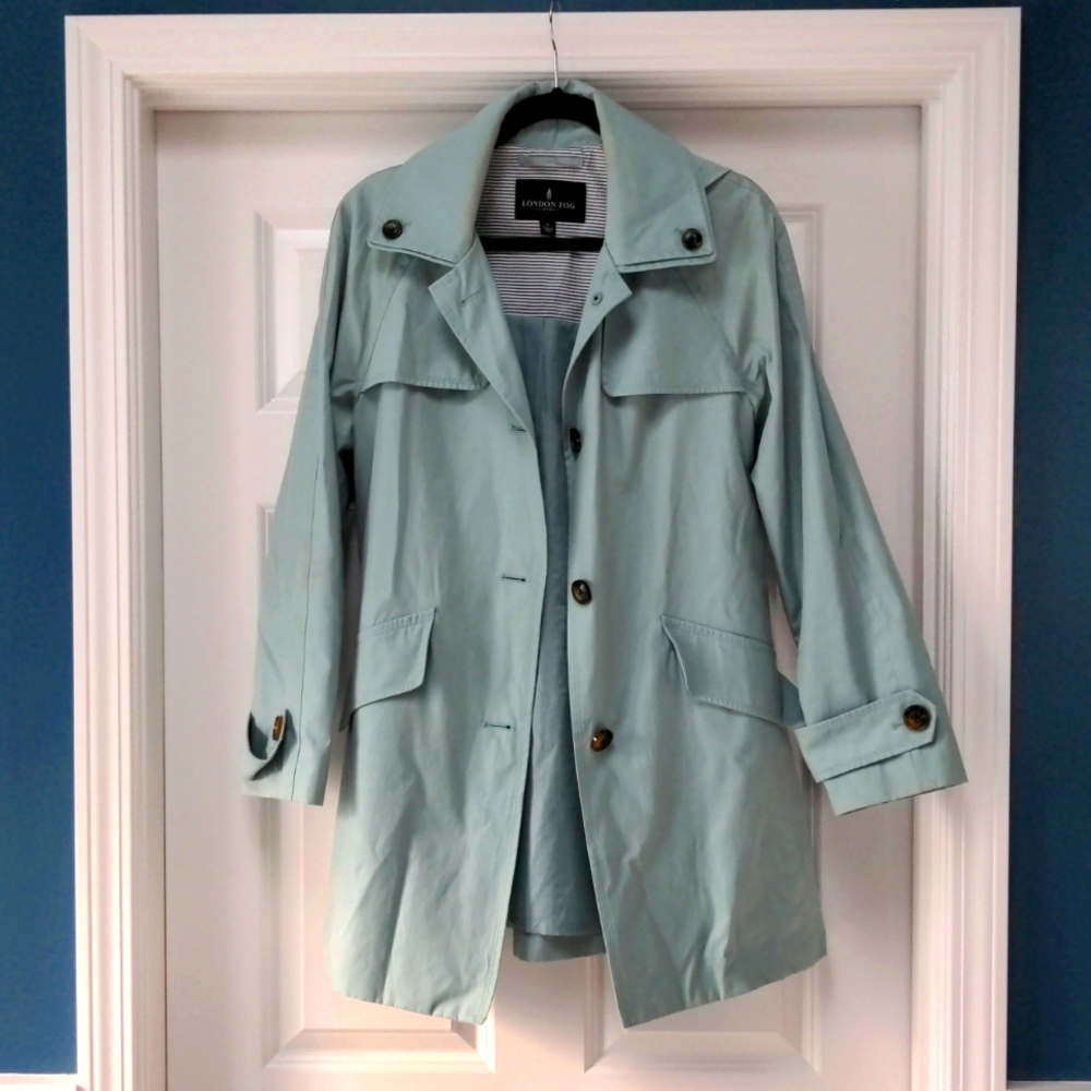 London Fog seafoam blue rain coat